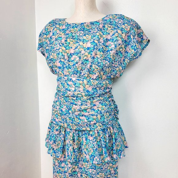 Vintage 80s Blue Multi Floral Print Peplum Wiggle Dress - Picture 4 of 9